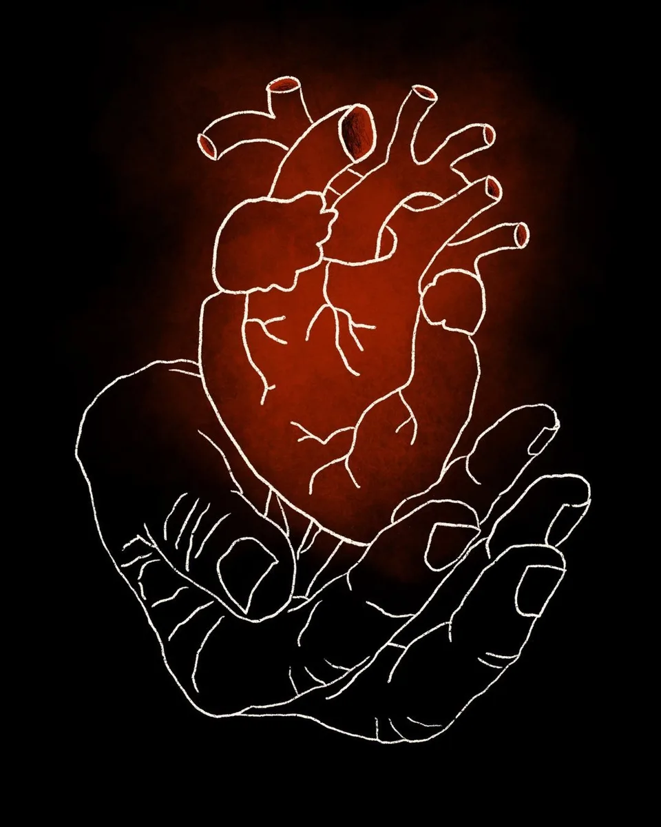 Heart in My Hand — digital drawing of a glowing anatomical heart cradled in an outlined hand