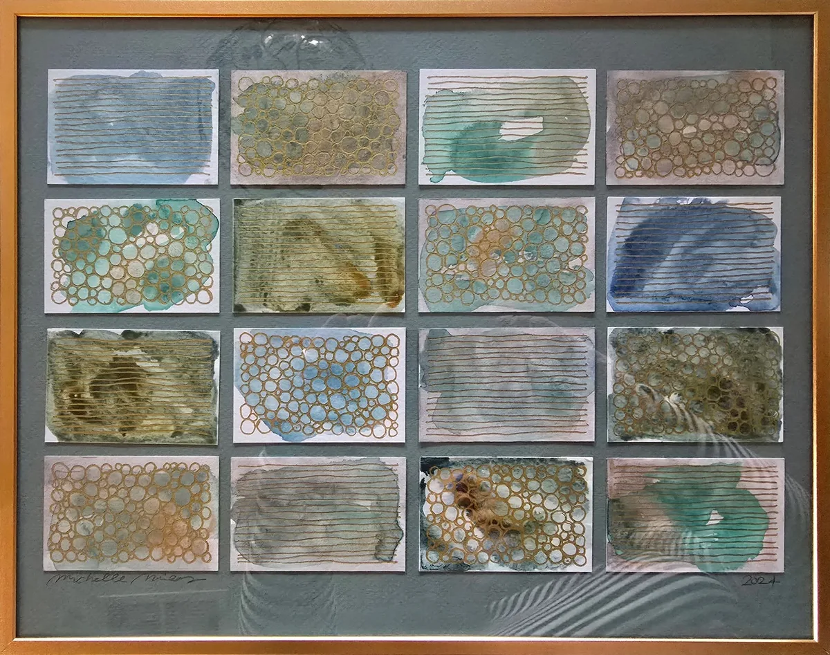 Untitled, Blue No. 1 — framed mixed media work with a 4×4 grid of small panels in teal, gold, and brown, 2024